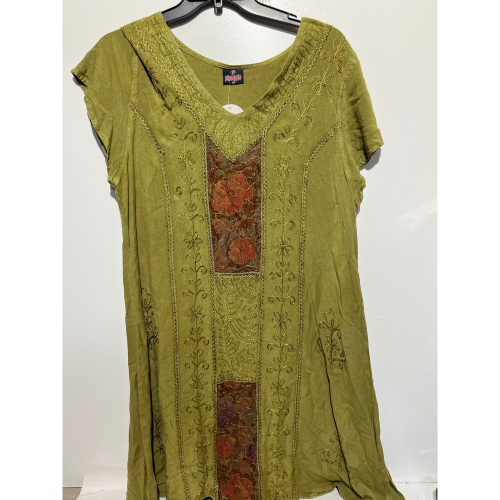 Pineapple Olive Green Floral Patchwork Gold Embroidered V-Neck Midi Dress XL NWT